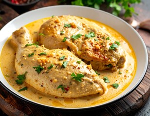 Two chicken breasts in creamy sauce, garnished with parsley