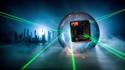 Cyber tech glow, enclosed glass ai processor over vibrant cyberpunk cityscape with dynamic data flows, cybernetic globe hovers above glowing city utilizing green lasers to secure digital - Powered by Adobe