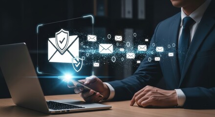 Businessman Securing Email Communication with Cybersecurity Technology