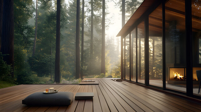 Modern glass house deck overlooks misty redwood forest with warm fireplace glow inside