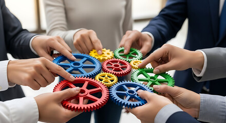 Close up of a team of business people holding colorful gears in their hands working together 57251509 1