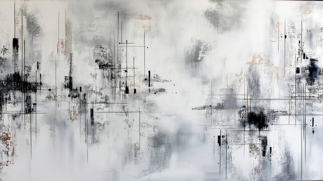 An abstract painting featuring a monochromatic palette with black, white, and subtle gold textures, evoking a modern cityscape with vertical and horizontal line
