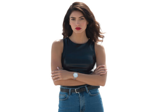 Young woman in a black top and jeans with arms crossed, looking at camera isolated on transparent background - Powered by Adobe