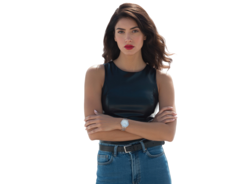 Young woman in a black top and jeans with arms crossed, looking at camera isolated on transparent background
