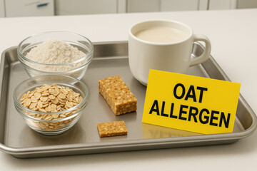 Cautionary display of an oat allergen warning sign with food sample on tray. Oat flake, flour, cereal bar, and plant milk prepared for testing in lab for safety regulation