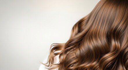 Naklejka premium Beautiful long wavy hair of a woman with shiny brown locks cascading over her shoulder, showcasing healthy hair care and beauty, ideal for hair product marketing and inspiration