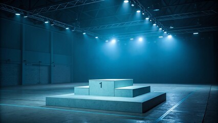 Modern winning style podium set in soft bluish tones with subtle dim lighting creating cinematic atmosphere ideal for premium product highlights and presentation visuals