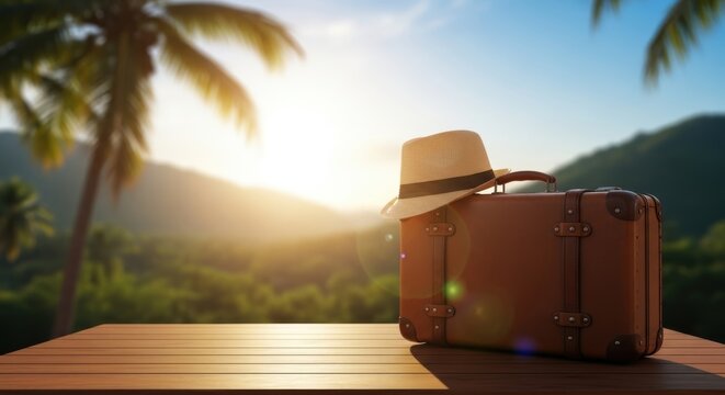 Vintage suitcase with hat on wooden table in tropical summer travel destination