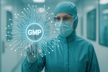 Focused technician in sterile gown uses futuristic holographic interface for GMP, ensuring pharmaceutical quality and compliance with high tech assurance protocols