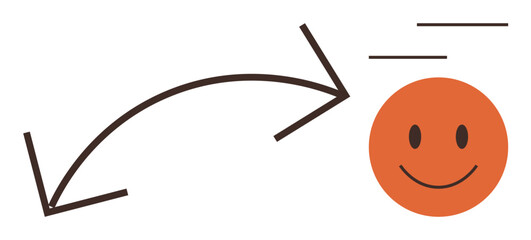 Curved arrow pointing to an orange smiling face with motion lines suggesting movement. Ideal for progress, achievement, teamwork, encouragement, success, motivation, and positivity. Simple flat