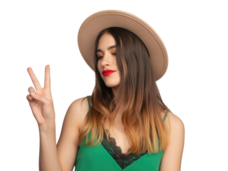 Young woman wearing a hat and green top making peace sign isolated on white background isolated on transparent background