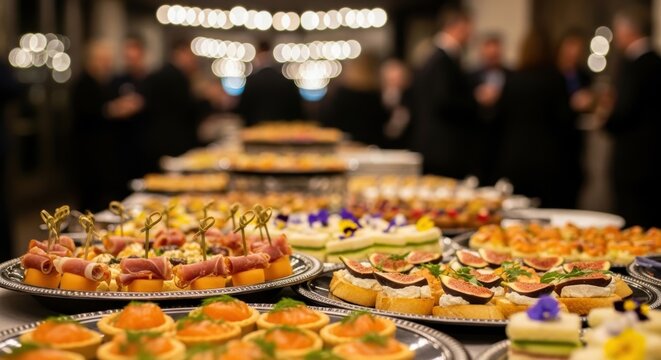 Aneka hidangan pembuka canape mewah di meja prasmanan pesta dengan latar blur tamu melambangkan perayaan elegan dan seni kuliner