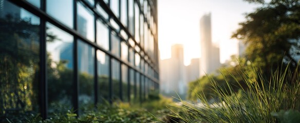 Modern glass building partially in focus with a blurred cityscape background and greenery. High quality