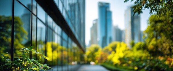Modern glass building partially in focus with a blurred cityscape background and greenery. High quality