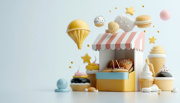 A whimsical 3D illustration featuring a colorful dessert stand overflowing with cookies and donuts, surrounded by floating cupcakes, ice cream cones, macarons,