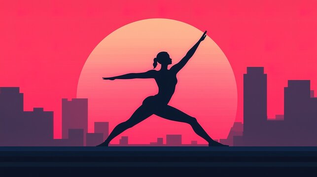 Graceful woman practicing yoga on rooftop at sunset urban setting digital artwork serene view wellness concept