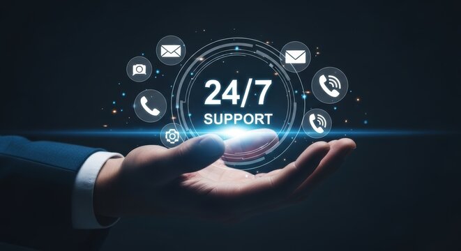 24/7 Support Concept: Hand Presenting Round-the-Clock Assistance