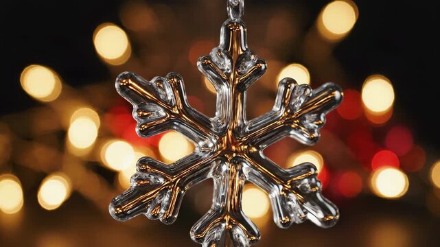 Close-up of a sparkling glass snowflake ornament with intricate details hanging against a backdrop of warm, glowing bokeh lights in red and gold hues, capturing a festive and cozy holiday atmosphere