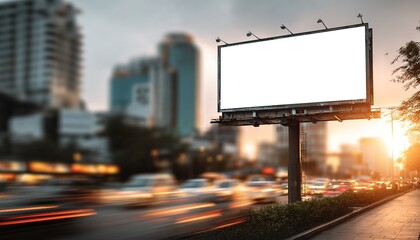 Empty large outdoor billboard on a city street at sunset, with blurred traffic and urban buildings creating a dynamic background for new advertising campaigns. High quality