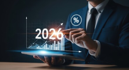 Businessman using tablet with glowing 2026 year text and rising financial growth charts representing future business forecast and economic planning