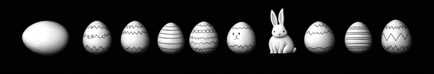 Black Background with White Outline of Easter Eggs and Bunny Illustration for Seasonal Decoration and Holiday Celebration