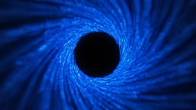 An abstract blue peacock feather design forms a colorful fractal swirl and light vortex texture, creating a spiral pattern backdrop with wave energy for an artistic wallpaper illustration