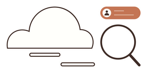Cloud icon with a magnifying glass exploring data connections, user profile tooltip suggesting access management. Ideal for data storage, cloud solutions, user management, security, research