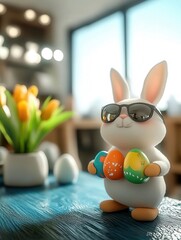 Adorable Cartoon Bunny with Sunglasses Holding Colorful Easter Eggs in Cheerful Indoor Setting