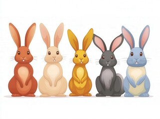 Cute Flat Vector Illustration of Five Adorable Cartoon Rabbits in Various Colors for Fun and Playful Designs
