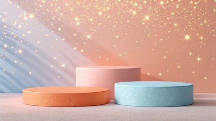 Colorful pastel 3D podium platform scene designed for charming modern product display showcasing smooth geometric forms and soft stylish presentation aesthetics