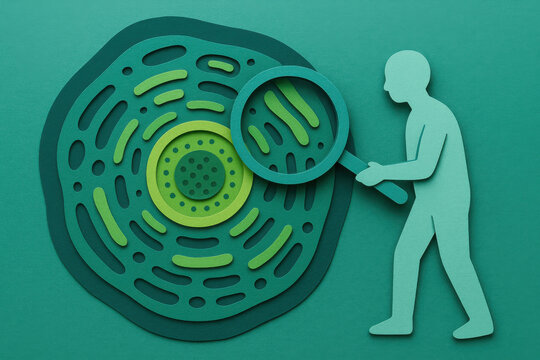 Curious human figure with magnifying glass examining paper cut cell structure. Biology and science research concept showing layered view of nucleus for medical study
