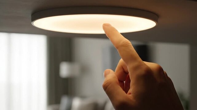 Close-up of a human finger activating a sleek, round LED panel lamp with a simple touch, illustrating an intuitive smart home concept