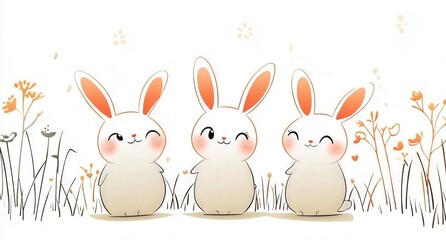 Cute and Simple Line Drawing of Three Happy Rabbits in a Pastoral Setting with Delicate Flowers and Soft Colors