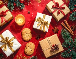 Festive flat lay, presents with ribbons, candle, cookies and decor