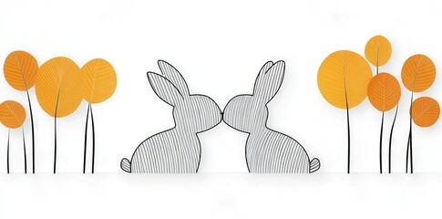 Romantic Minimalist Drawing of Two Rabbits Kissing with Simple Line Art and Vibrant Orange Leaves