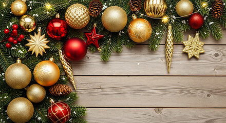 Christmas and New Year background with a festive scene with gold and red Christmas ornaments and fir 17064359 1