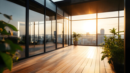 Fototapeta premium Modern rooftop terrace balcony with wooden floor overlooks city skyline at bright sunset