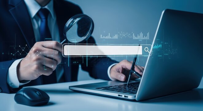 Data Analysis with Magnifying Glass and Laptop for Business Insights