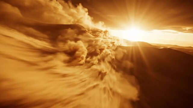 Desert wind sweeps over dunes at sunset.
