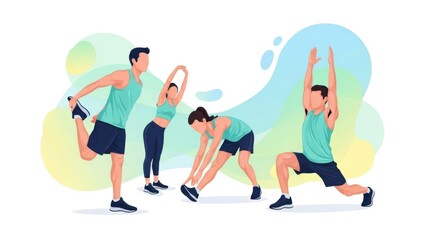 Group of People Performing Stretching Exercises in Bright Outdoor Park Scene