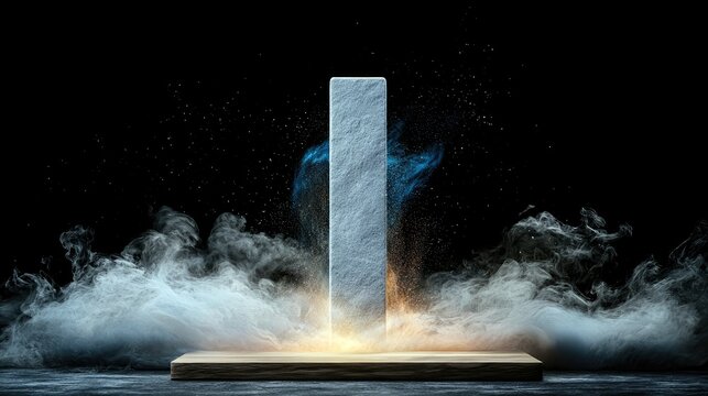 A tall, textured stone pillar stands centered on a rustic wooden platform, surrounded by swirling white and blue smoke, with golden light illuminating the base