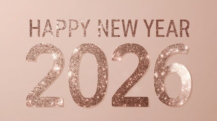 Modern rose gold Happy New Year 2026 banner with metallic shimmering numbers on blush background, elegant minimal design, premium soft lighting, festive glitter accents and realistic printed lettering