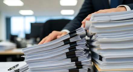 Businessman hands searching information in Stack of papers files on work in office business report p 42962894 1