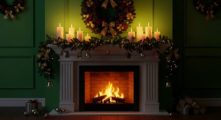 Burning candles with Christmas wreath and decor on fireplace near green wall 72366608 1