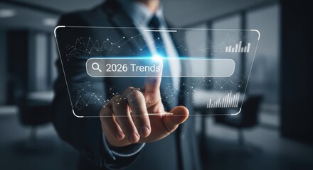 Businessman Analyzing 2026 Trends on Futuristic Interface