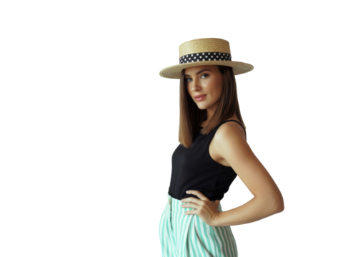 Fashionable young woman in straw boater hat and striped pants posing confidently isolated on transparent background