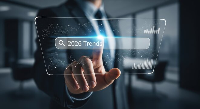 Businessman Analyzing 2026 Trends on Futuristic Interface