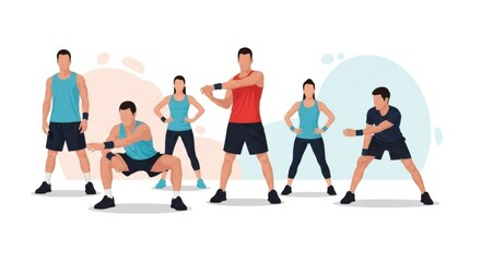 Group of Fit Young People Exercising in Studio with Bright Colors and Dynamic Poses