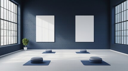 Serene yoga practice space modern studio interior design tranquil environment wide-angle view mindfulness concept