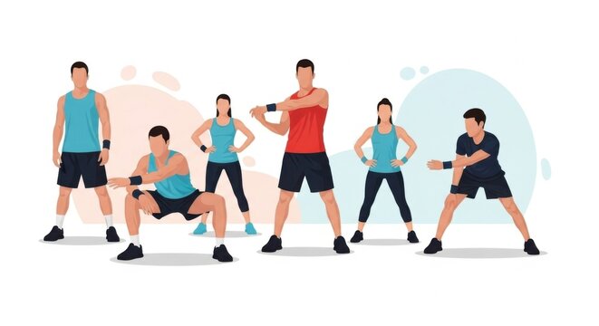 Group of Fit Young People Exercising in Studio with Bright Colors and Dynamic Poses